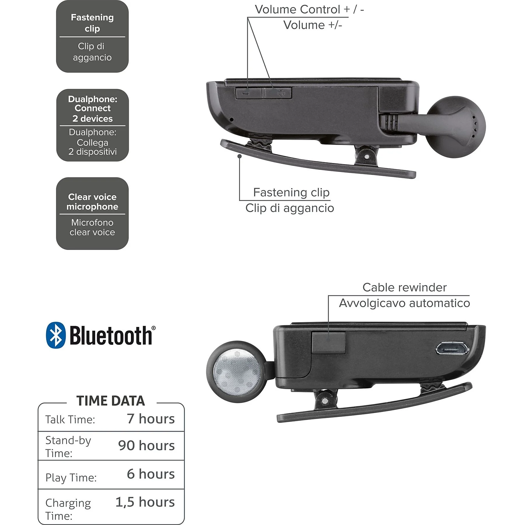 BTCLIPARDP5 CELLULARLINE Auricolare Bluetooth mono AURICOLARI WIRELESS, Nero - immagine 4